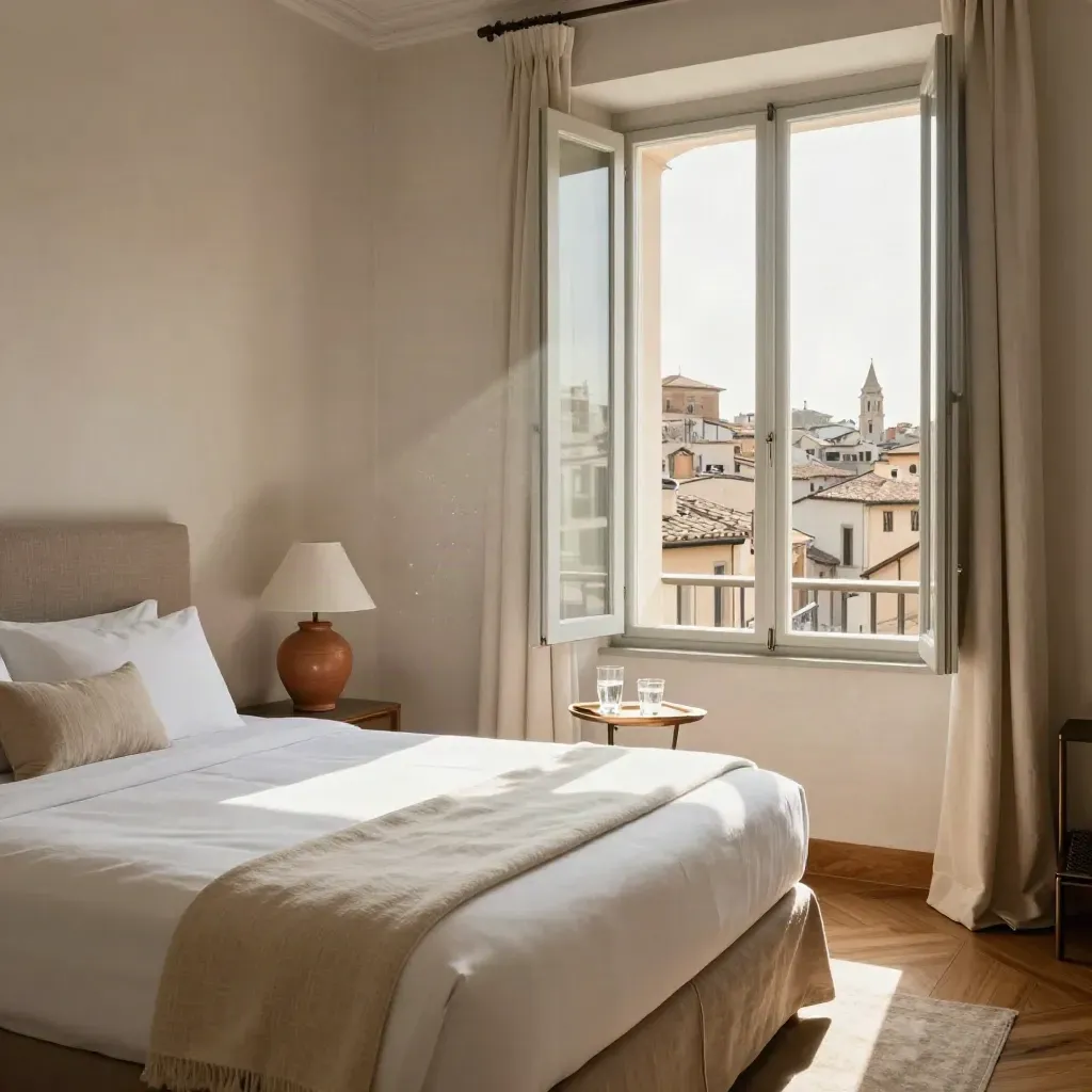 Camera boutique con letto rifatto, luce dalle persiane e vista sul centro storico.