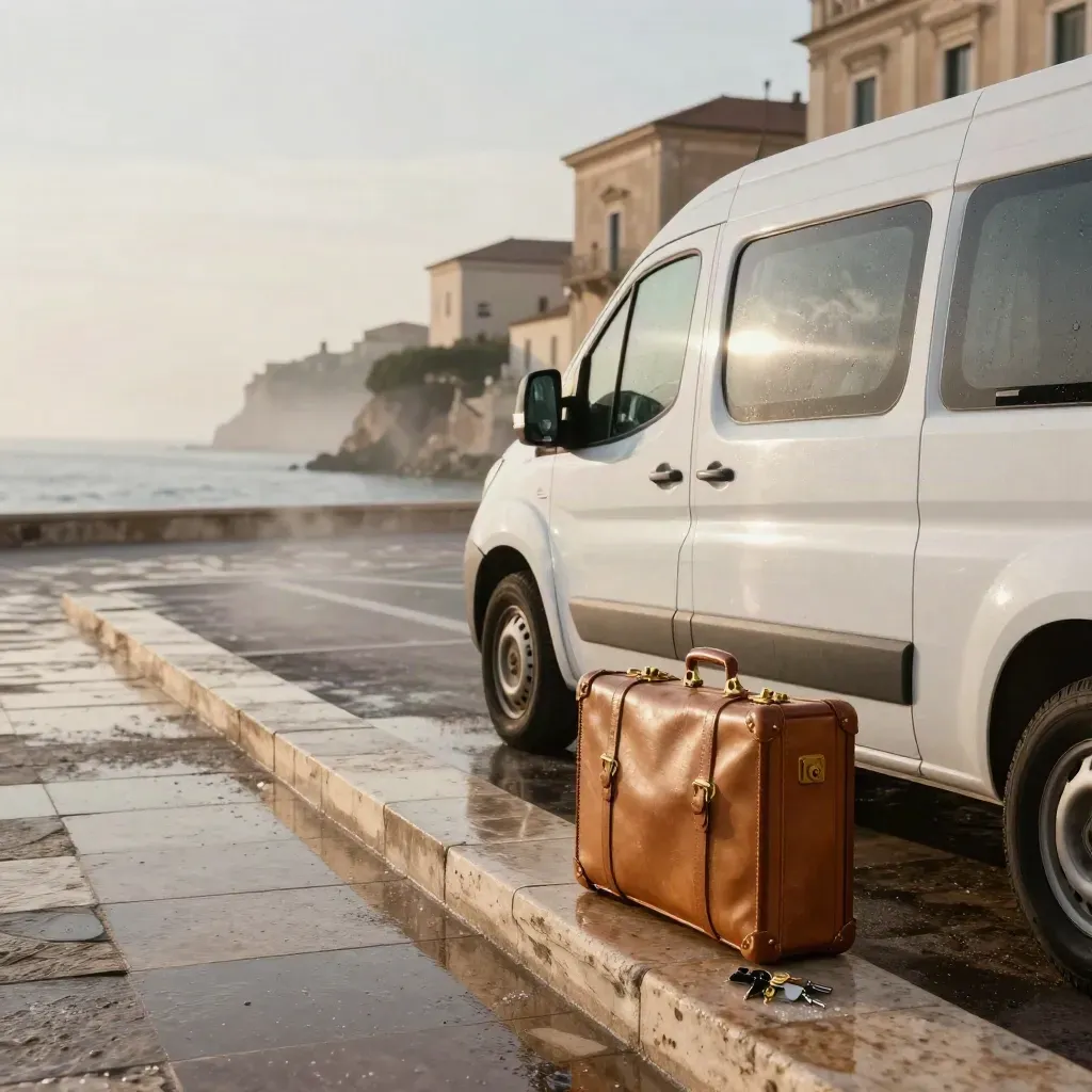 Minivan bianco arriva in un piazzale bagnato sul mare con valigia in cuoio e chiavi anonime