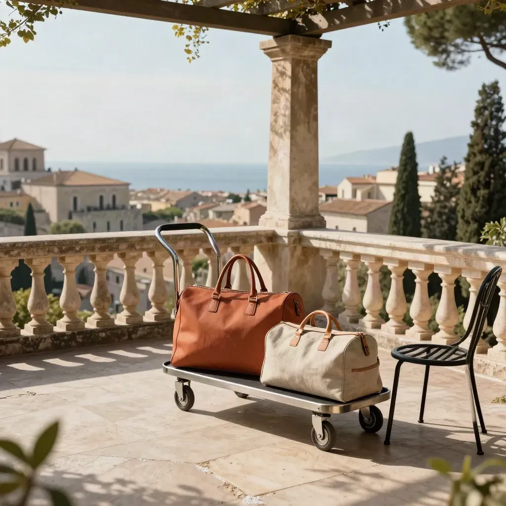 Terrazza panoramica con trolley e borsa pronta, città d’arte e mare nella luce del mattino.