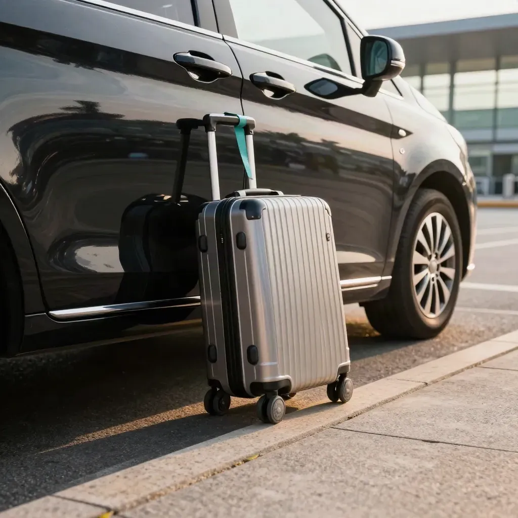 Minivan nero all’aeroporto con trolley pronto al carico e portellone aperto