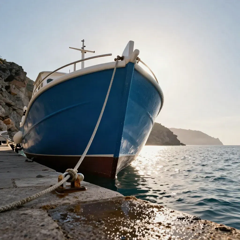 Piccolo battello blu ormeggiato in una baia italiana con scogliera vulcanica sullo sfondo.
