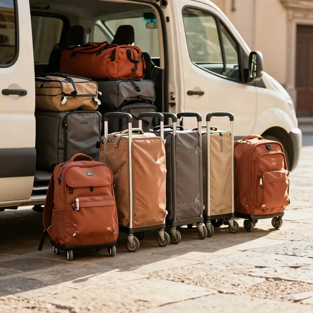 Trolley ordinati accanto a un minivan su piazzale in pietra, pronti per un transfer di gruppo