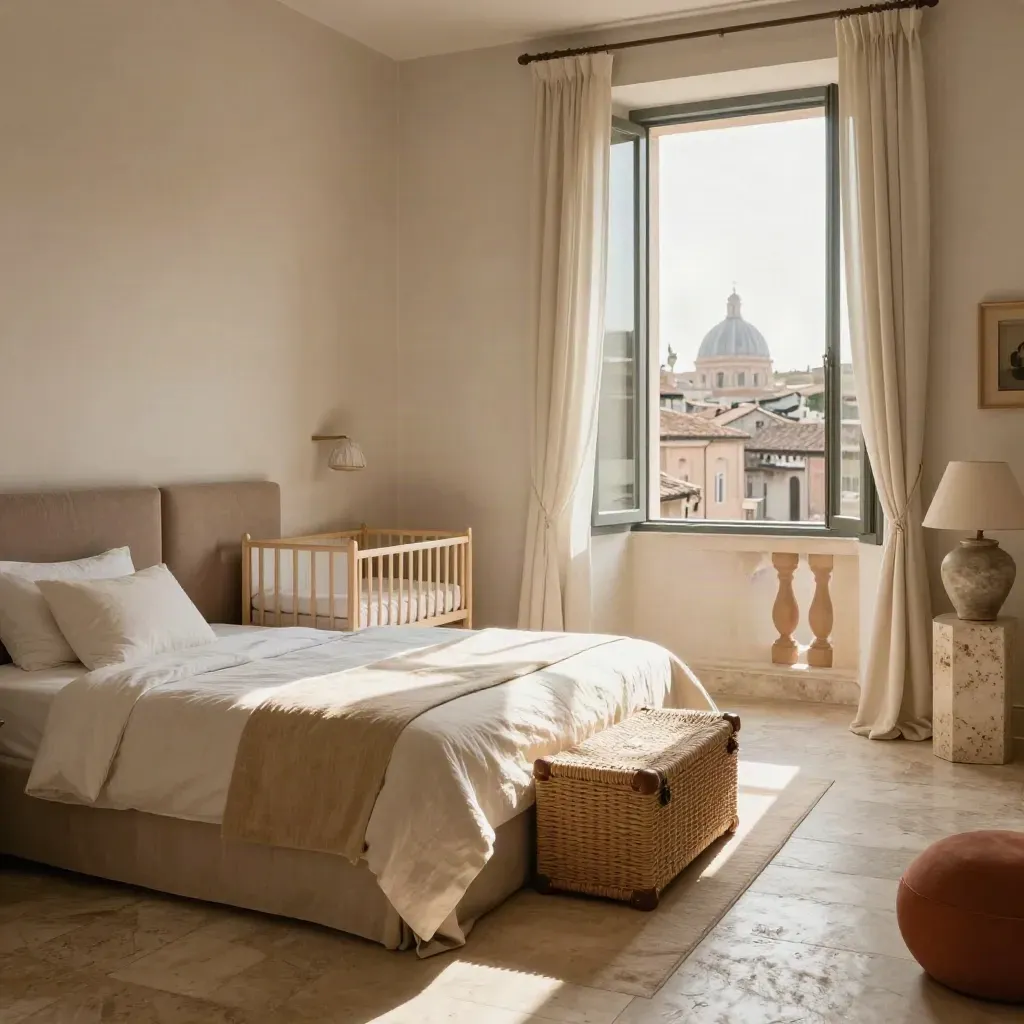Suite familiare romana pronta, con due letti, culla e finestra sui tetti antichi.