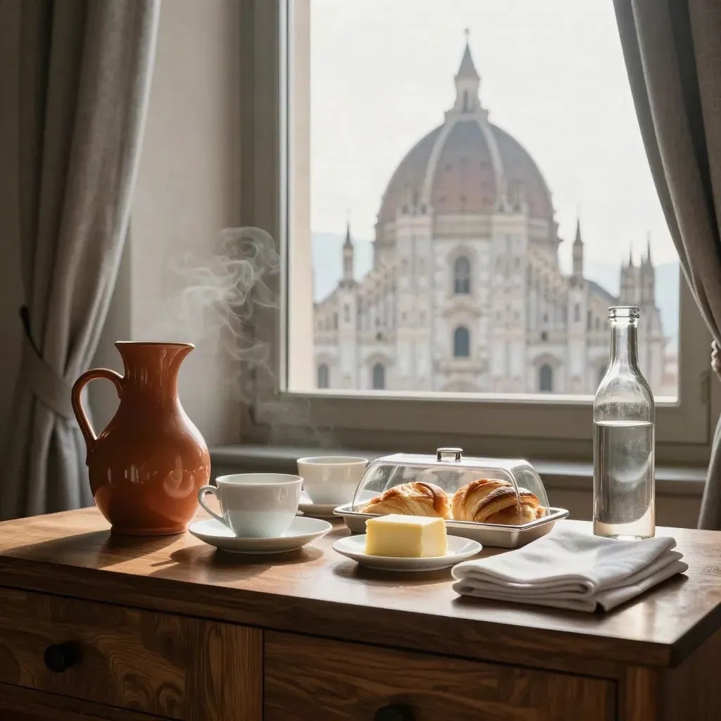 Sala colazione pronta con Duomo in controluce oltre la finestra, luce mattutina e vapore leggero.