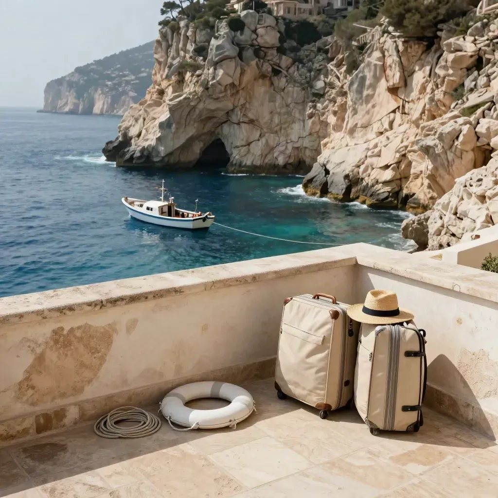 Terrazza d’hotel sul mare con valigie leggere, salvagenti arrotolati e tender sotto la scogliera