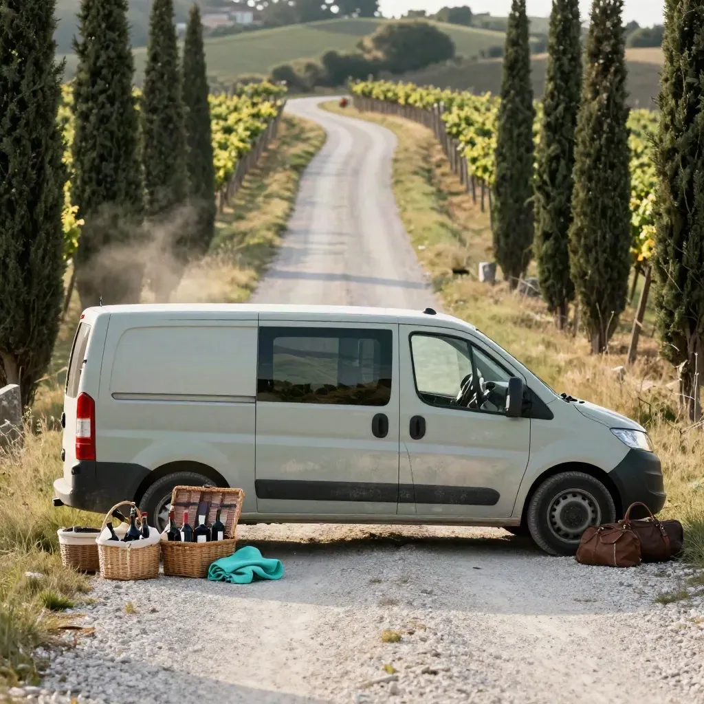 Minivan privato tra cipressi e vigneti con cestini chiusi e bottiglie in stoffa