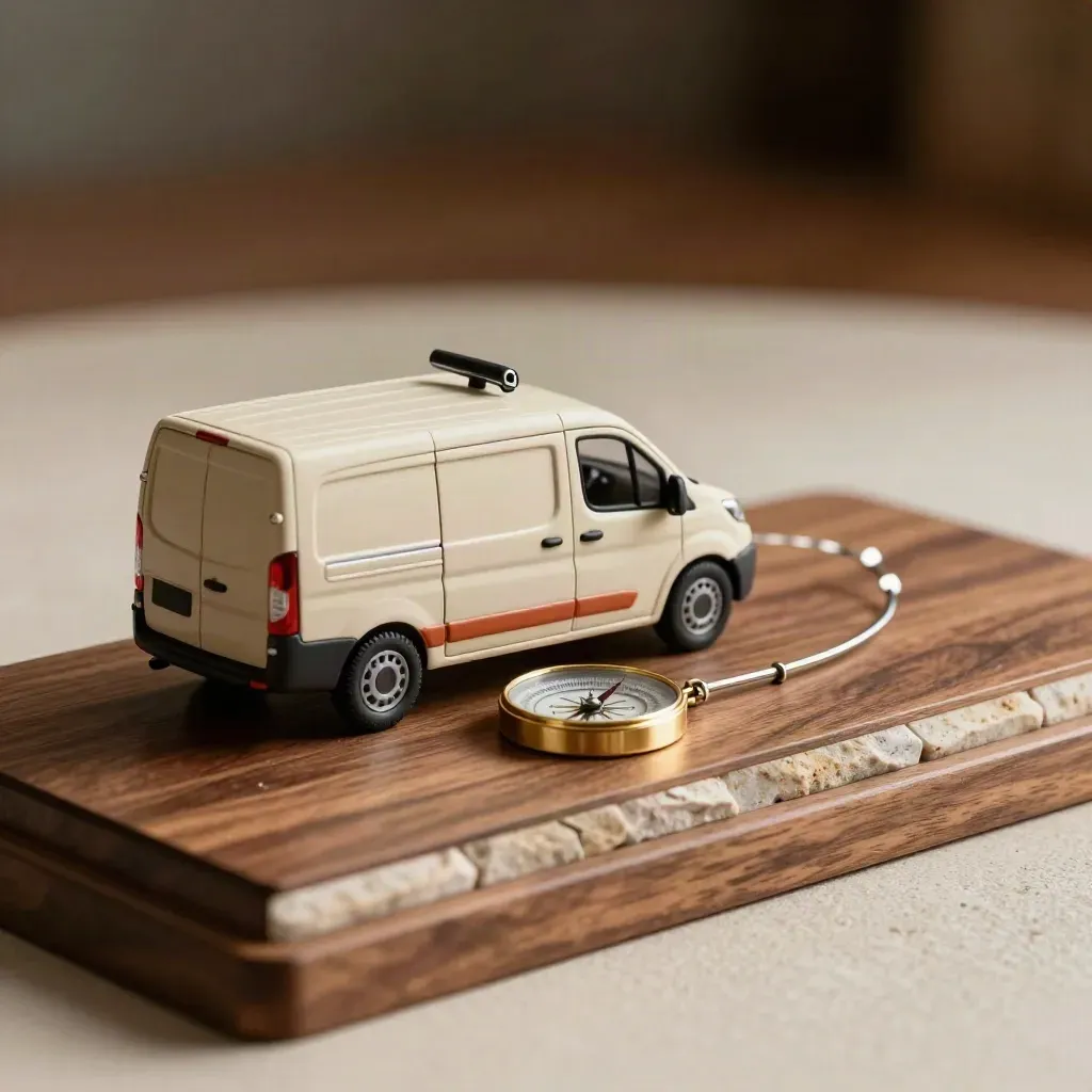 Mini minivan, bussola e segnaposto metallici su base in noce, luce drammatica.