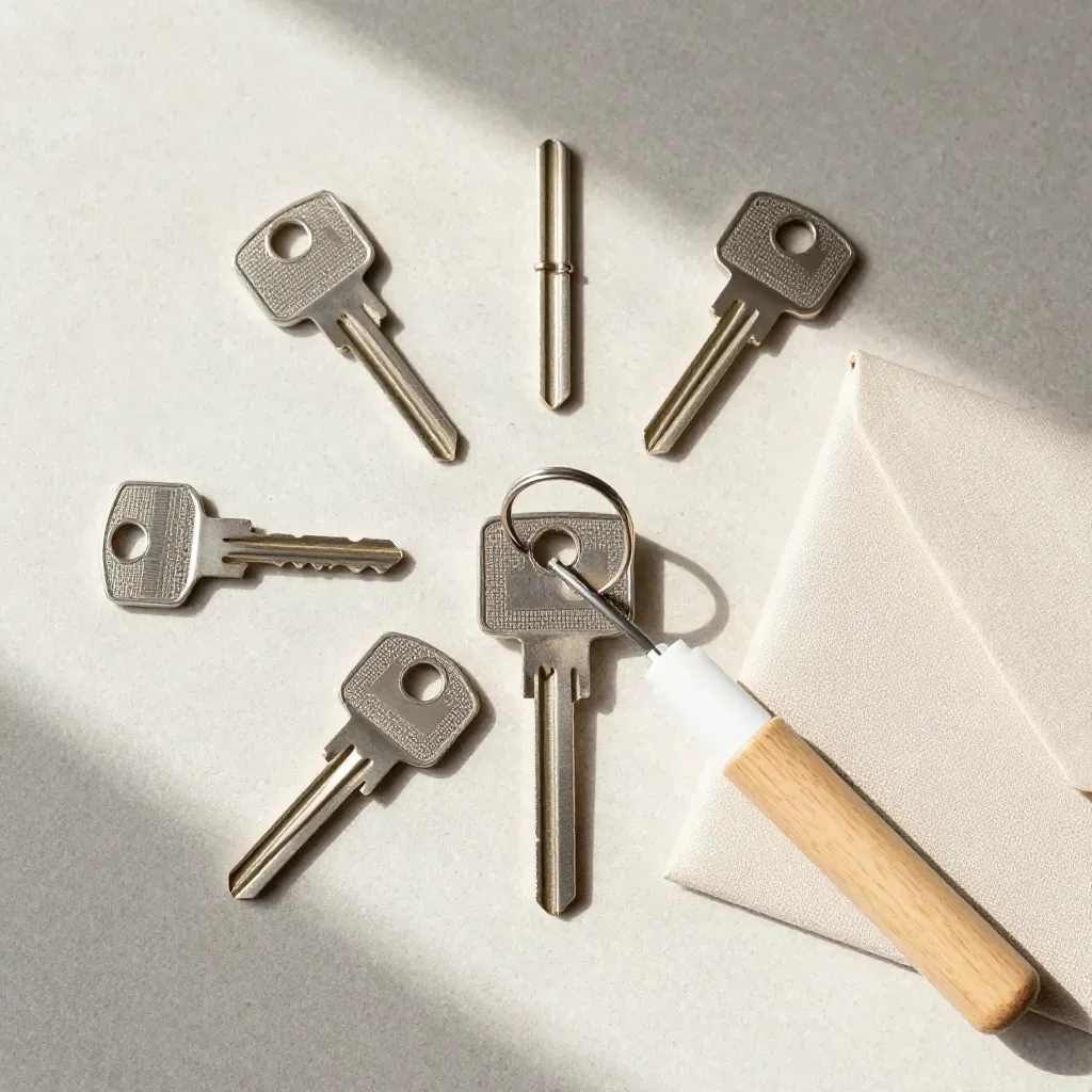 Flatlay con chiavi anonime, fermagli metallici, busta di lino e segnaposto in legno su pietra chiara