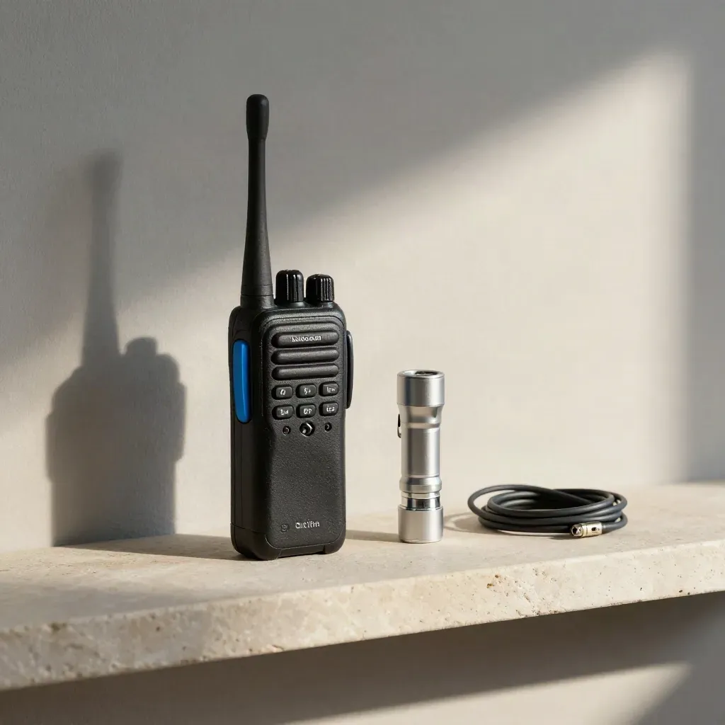 Walkie-talkie, chiavi, torcia e cavo di ricarica su ripiano in pietra chiara