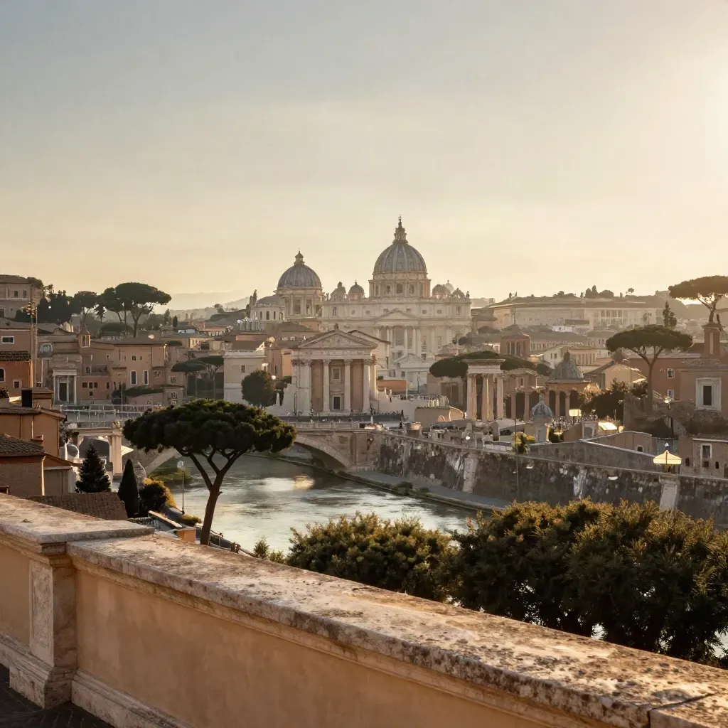 Roma antica sopra il Tevere con cupole e pini marittimi in luce calda