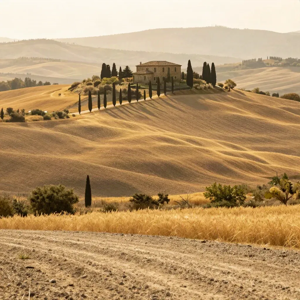 Colline toscane al tramonto con cipressi, villa in cima e campi morbidi nella valle