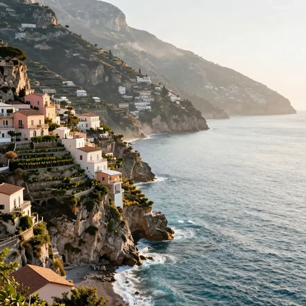 Costiera Amalfitana al tramonto, case pastello, mare luminoso e scogliere alte