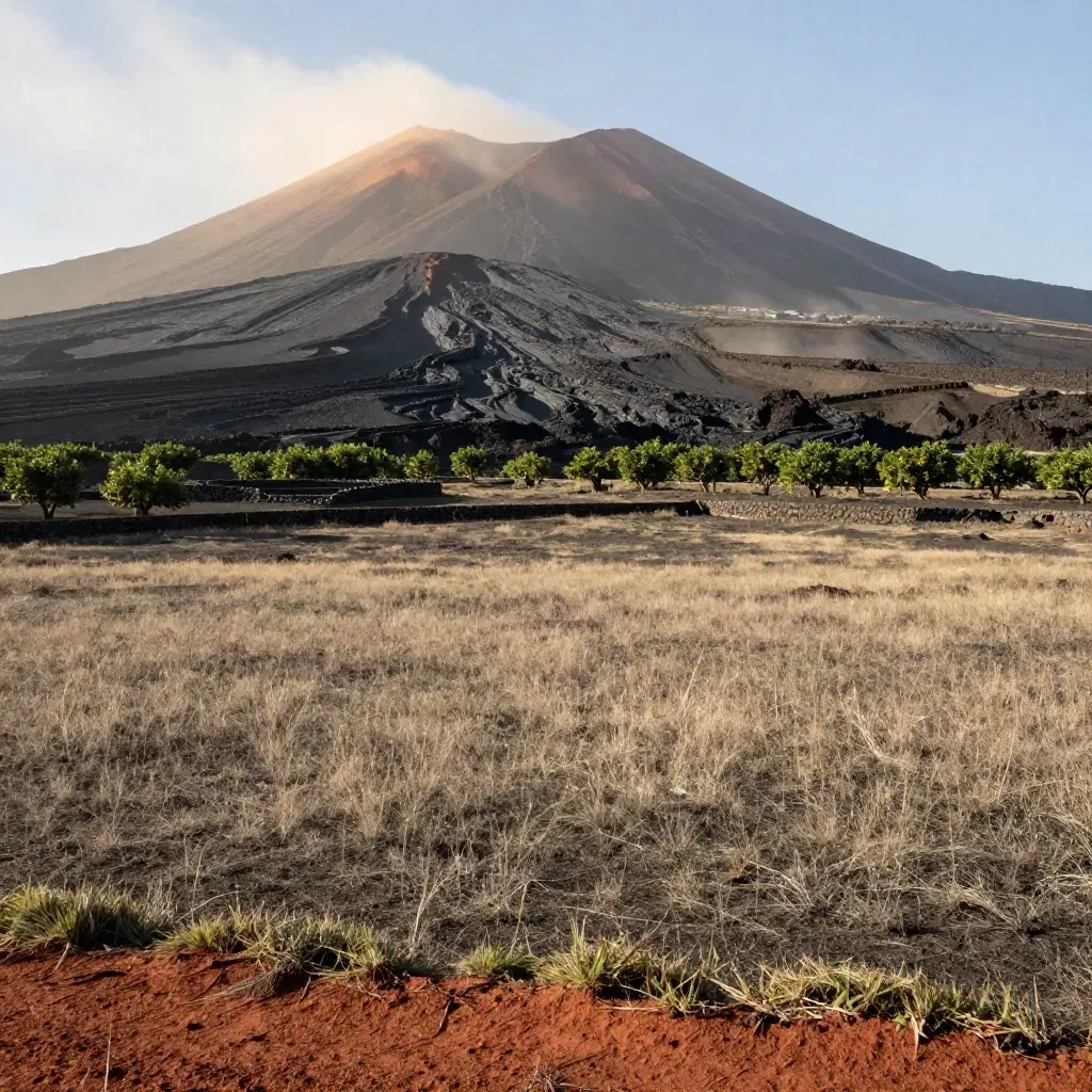 Etna lontano sopra campi lavici e agrumeti, con pianura calma e luce calda del tardo pomeriggio
